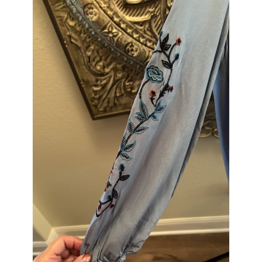 Style & Co. Embroidered Boho Blouse M – Blue Rayon Long Sleeve Peasant Top India - Picture 7 of 9